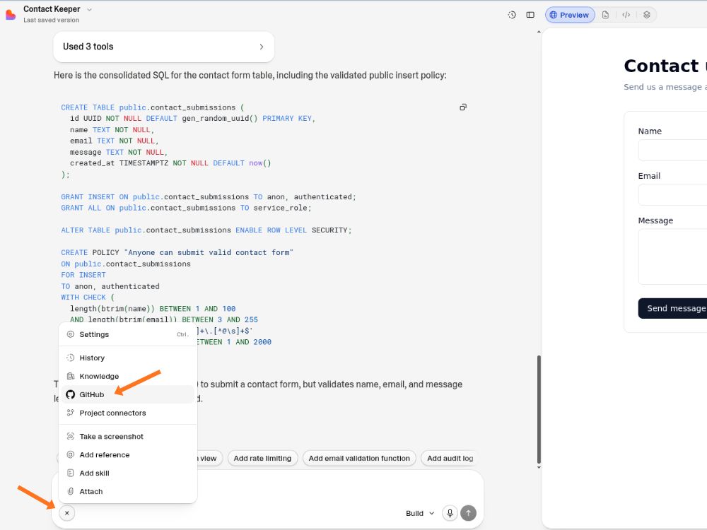 Plus icon and gitHub icon in the chatbox